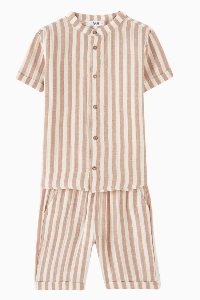 

Striped Shirt and Shorts Set in Linen, Neutral