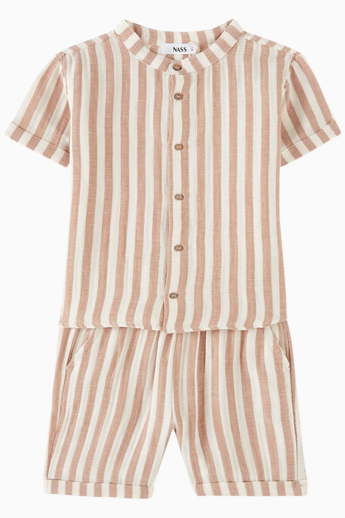 

Striped Shirt & Shorts Set in Linen, Neutral