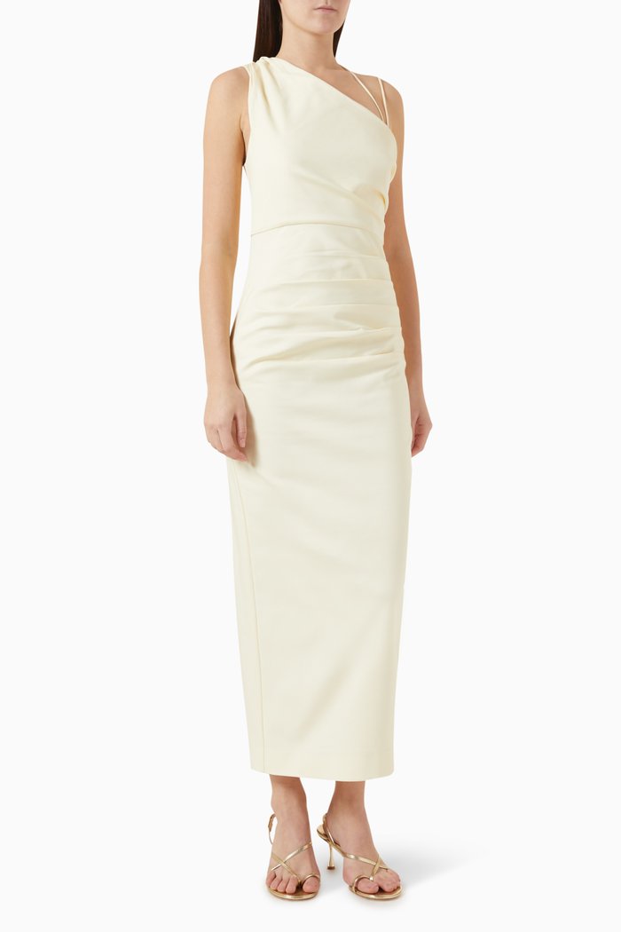 

Lani Asymmetrical Gathered Midi Dress, Neutral