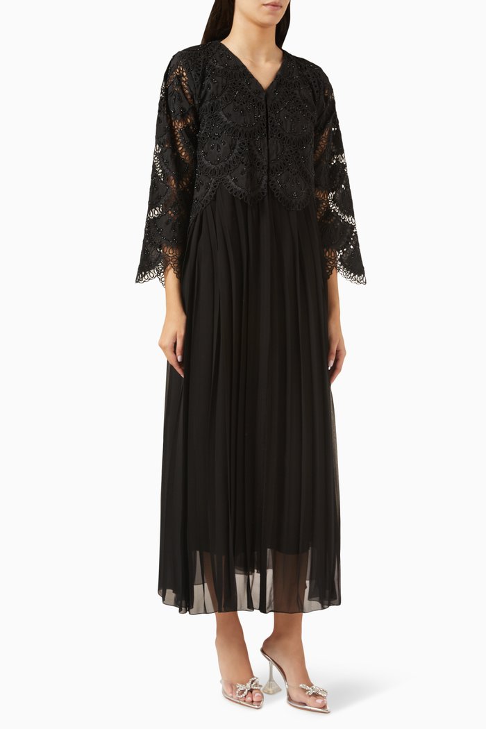 

Dantelle Embroidered Abaya in Chiffon & Lace, Black