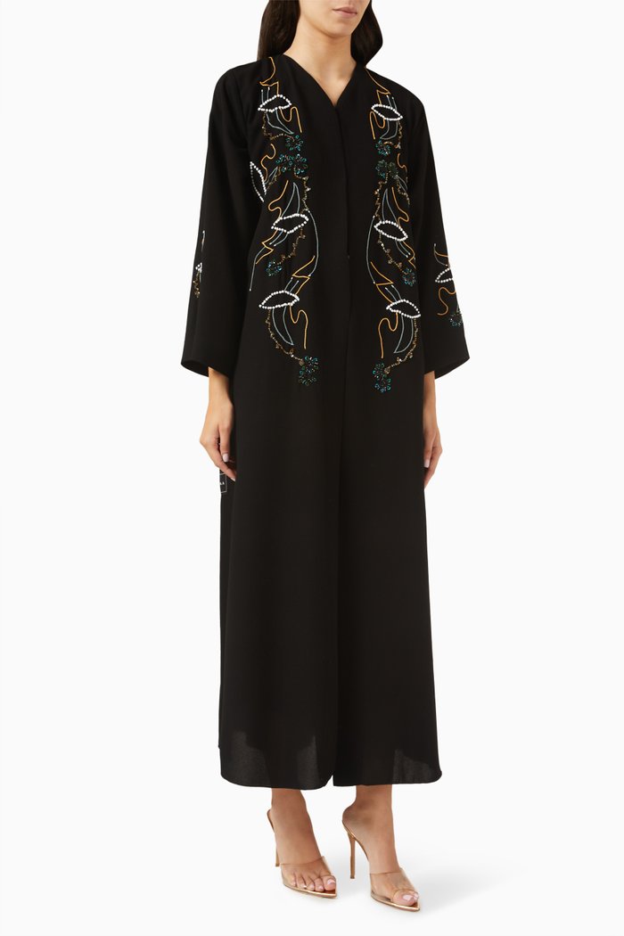 

Bead Embellished Abaya in Mixed Crepe, Black