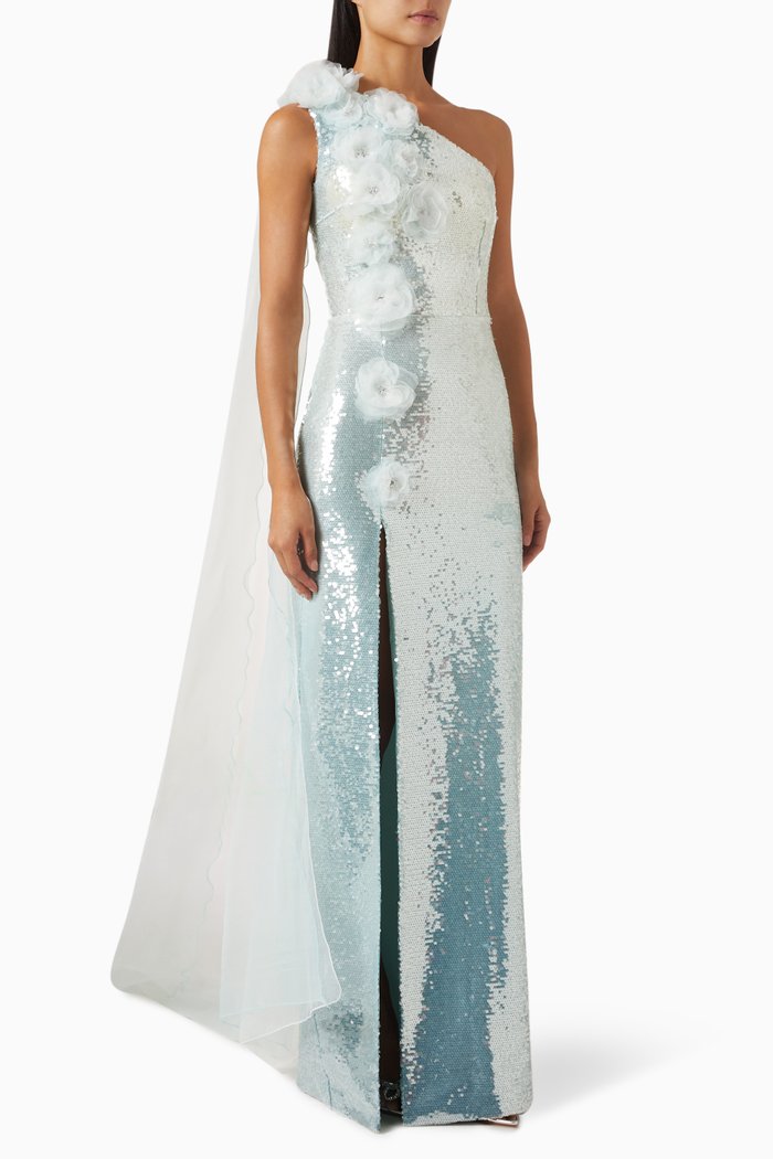 

Sequin-embellished One-shoulder Dress, Blue
