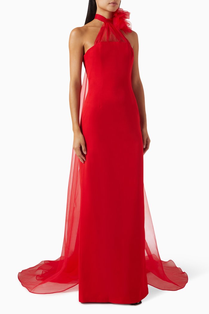 

Flower Appliqué Halterneck Dress, Red