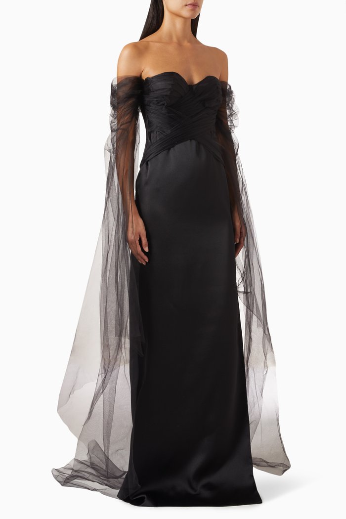 Off-shoulder Cape-sleeve Dress, Black
