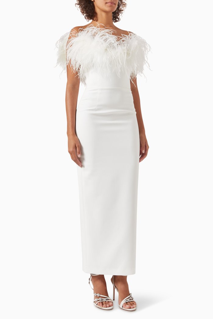 

Lena Feather-trim Maxi Dress in Crepe, White