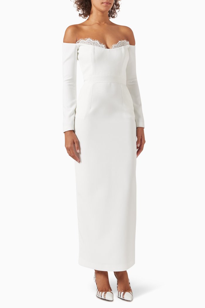 Farah Lace-trim Off-shoulder Maxi Dress in Crepe, White
