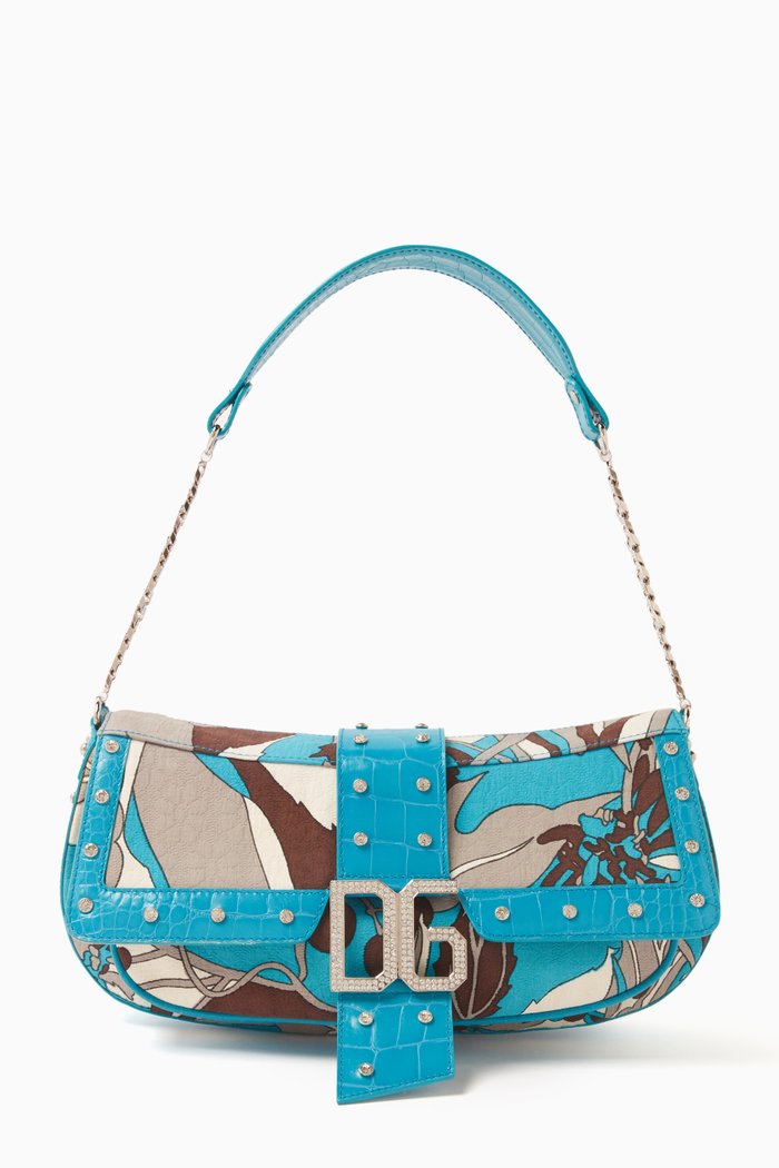 

Rhinestone-embellished Shoulder Bag in Leather & Fabric, Blue