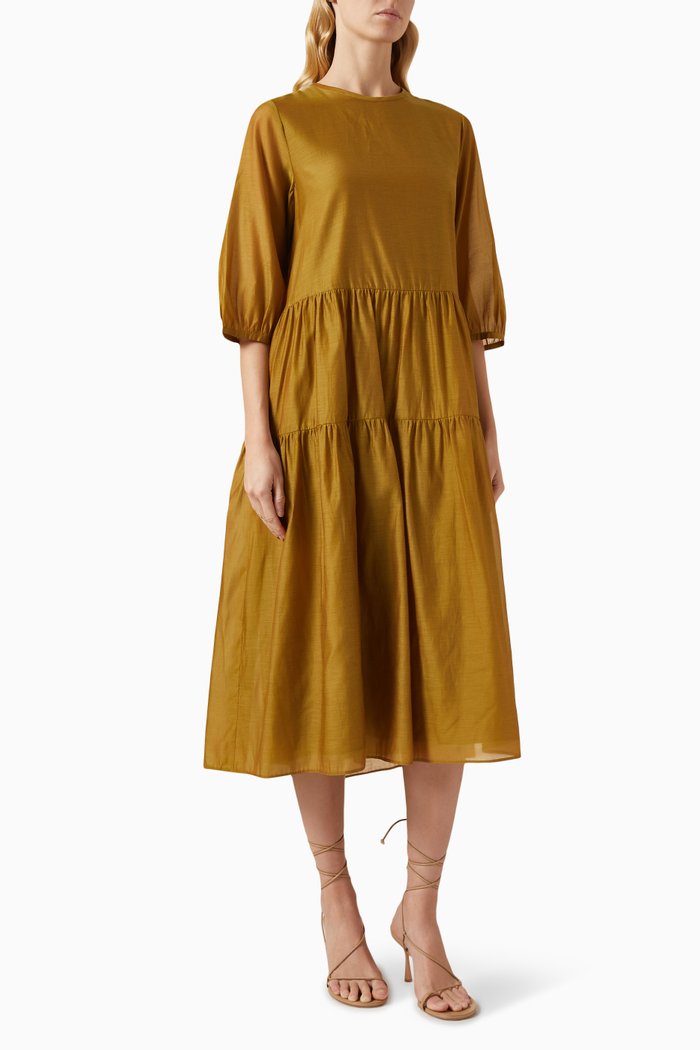 

Etienne Tiered Dress in Silk Voile, Gold