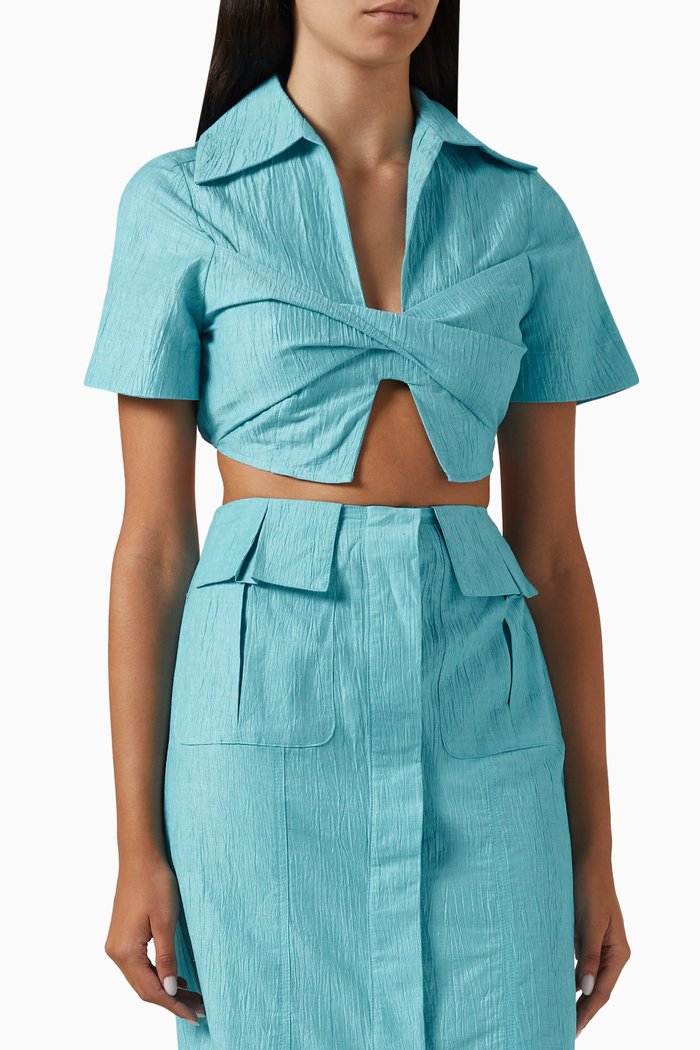 

Cropped Twist Top in Linen Blend, Blue
