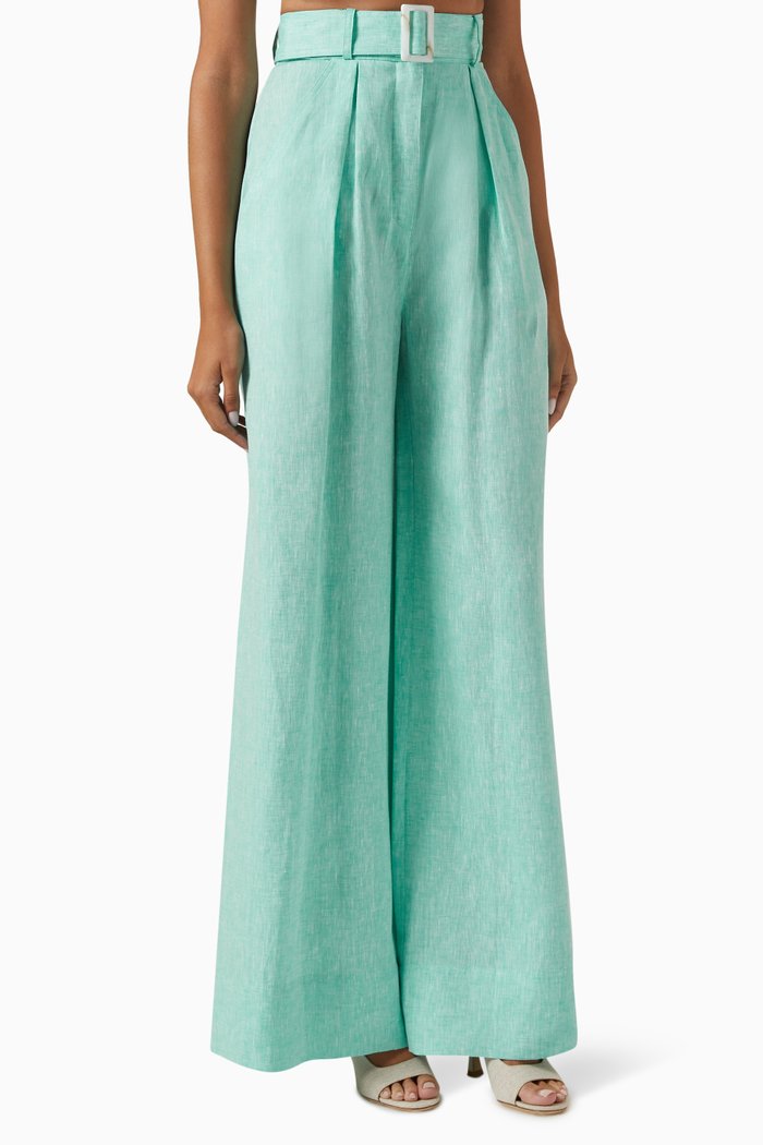 Wide-leg Pleated Pants in Linen Blend, Blue