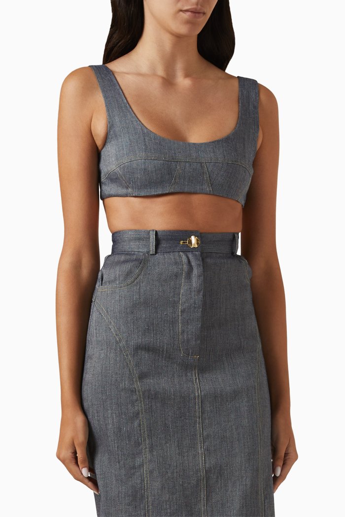 Seamed Bra Top in Linen Blend, Blue