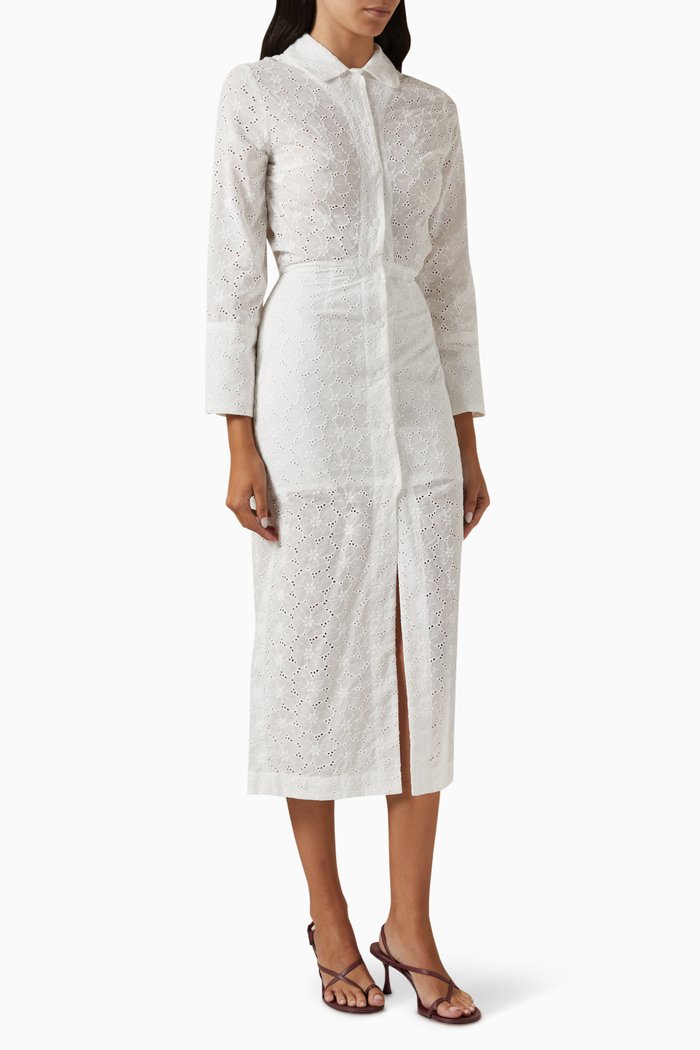 

Eyelet Midi Shirt Dress in Cotton, White