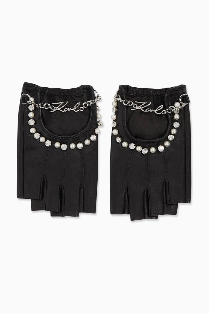 K/Signature Embellished Gloves in Leather, Black