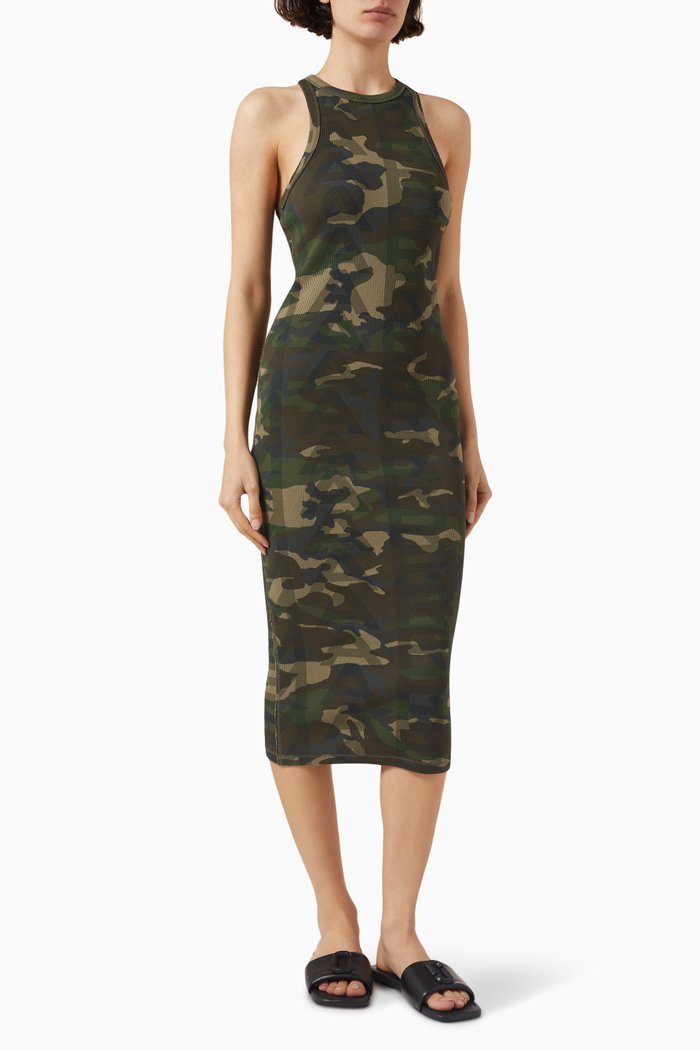 

Camouflage Ribbed Midi Dress in Cotton, Green