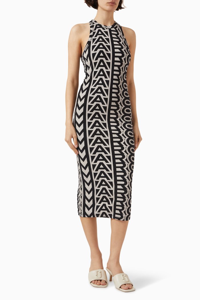 

Monogram Ribbed Midi Dress in Cotton, Black