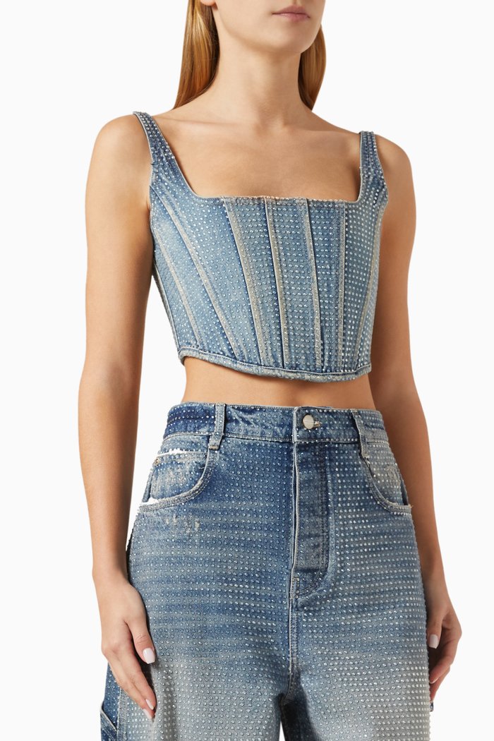 

Crystal-embellished Corset Top in Denim, Blue