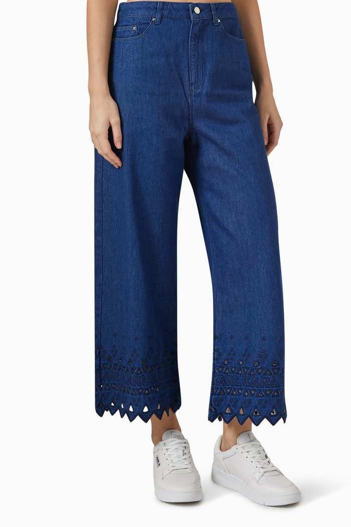 Broderie Anglaise Culotte Jeans in Cotton-denim, Blue