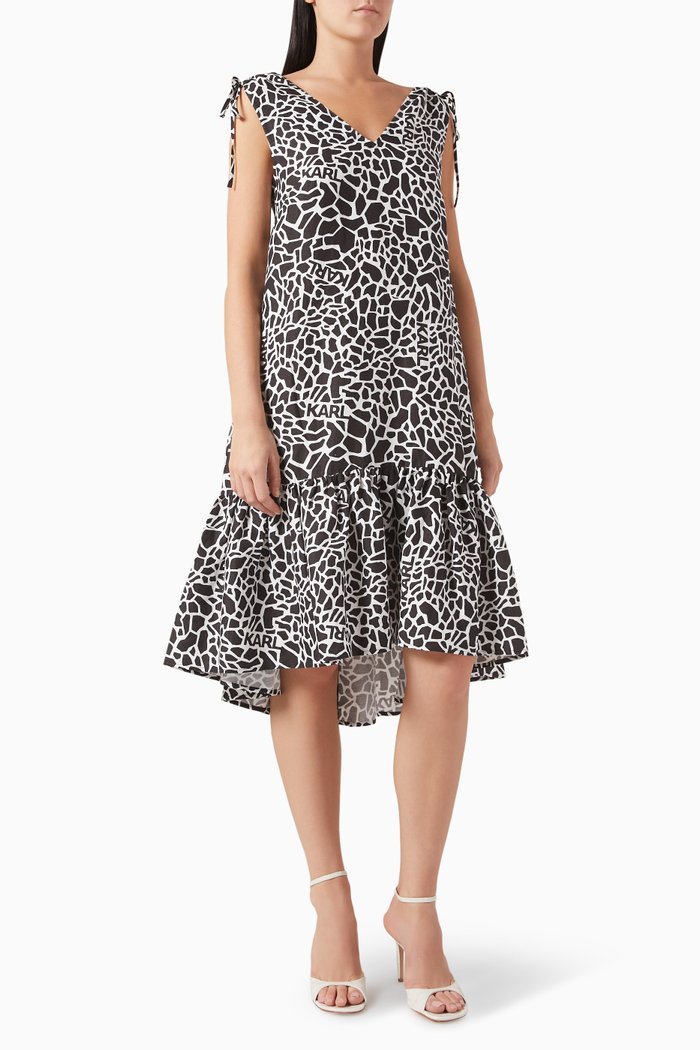 

Printed Midi Dress in Linen-blend, Black