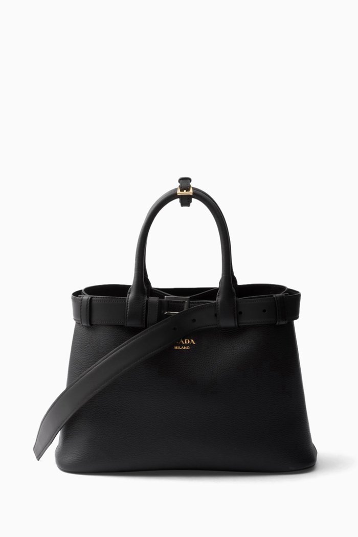 Medium Buckle Tote Bag in Leather, Black