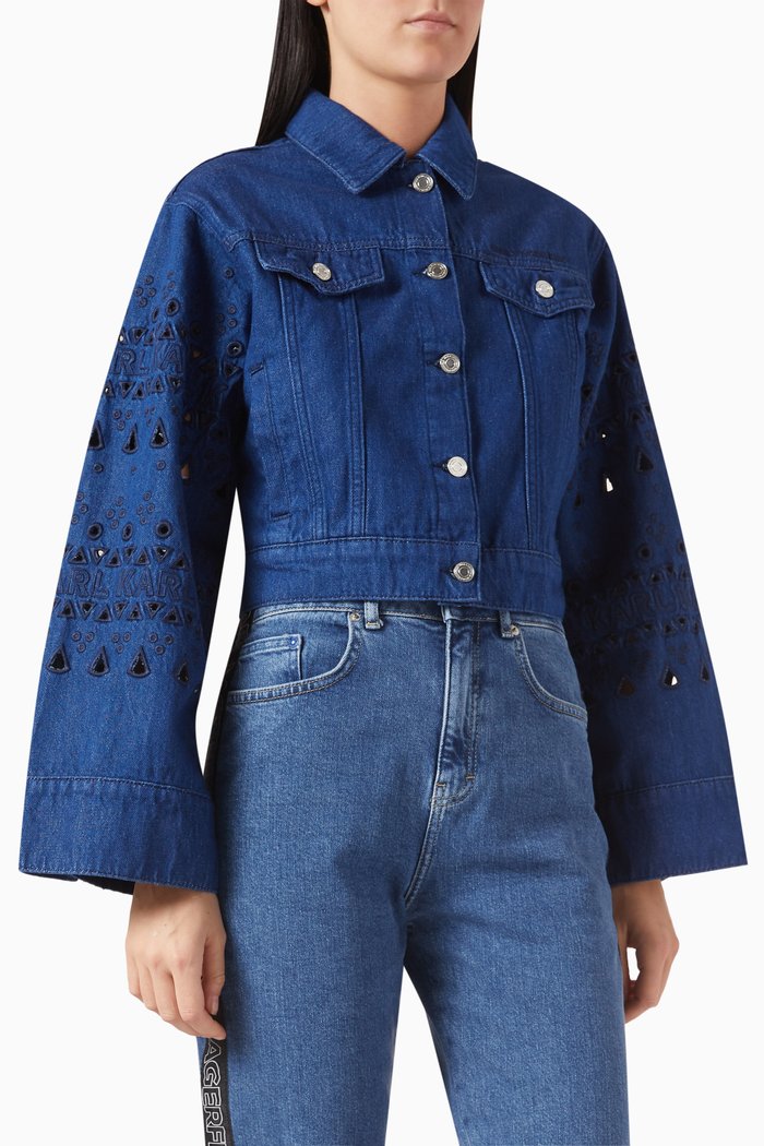 

Broderie Anglaise Crop Jacket in Denim, Blue