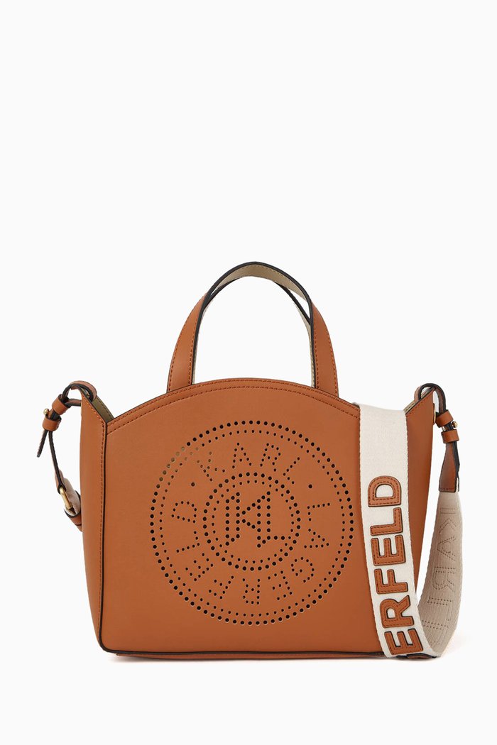 

Small K/Circle Perforated Tote Bag in Leather, Brown