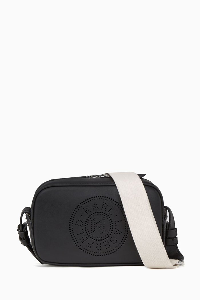 K/Circle Perforated Crossbody Bag in Leather, Black
