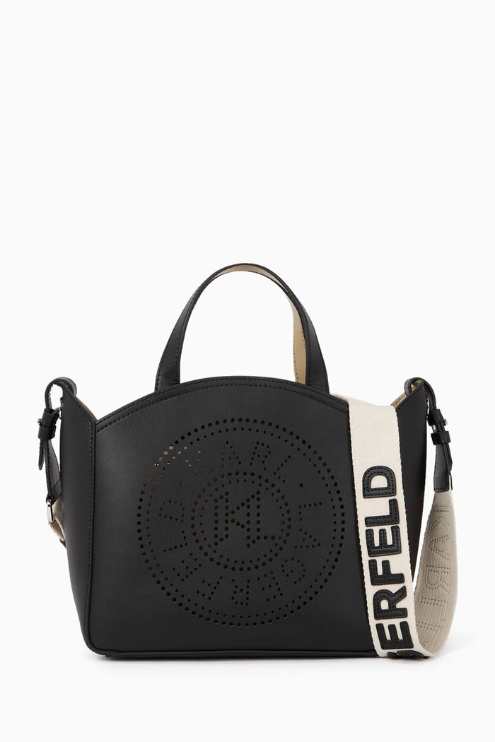Small K/Circle Perforated Tote Bag in Leather, Black