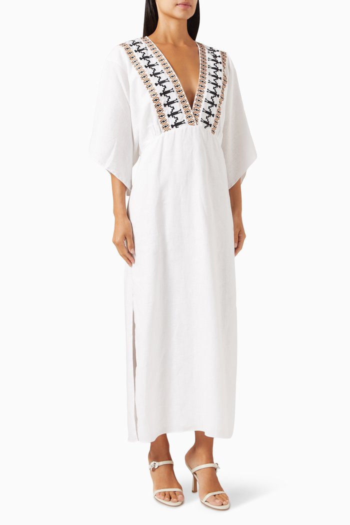 Topacio Embroidered Maxi Tunic in Linen, White