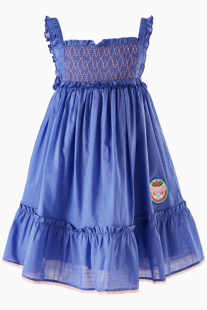 

Pop Embroidered Shirred Dress in Cotton, Blue