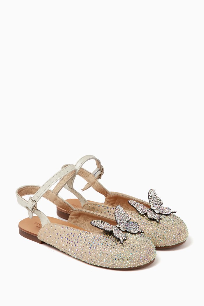 

Butterfly Crystal Embellished Ballerinas in Calf Leather, White