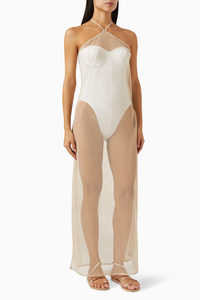 

Ocean Long Cover-up Dress in Mesh, Gold
