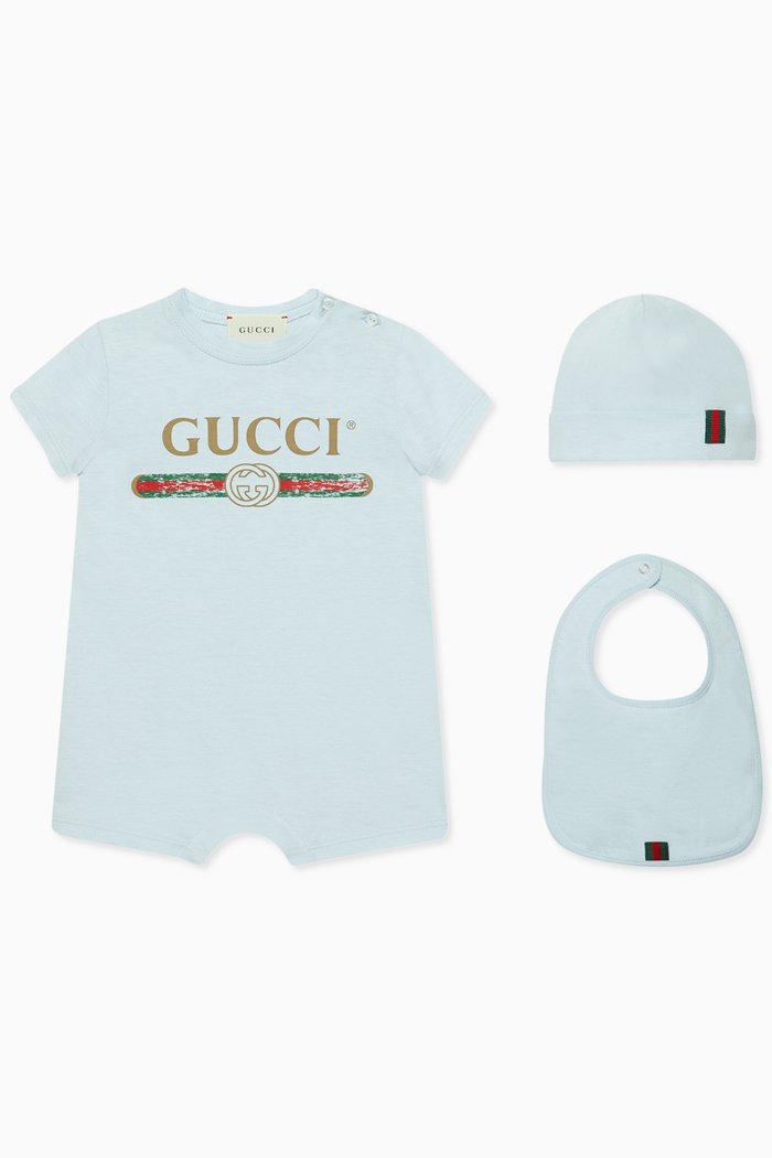 Logo Sleepsuit, Bib & Beanie Gift Set in Cotton Jersey, Blue