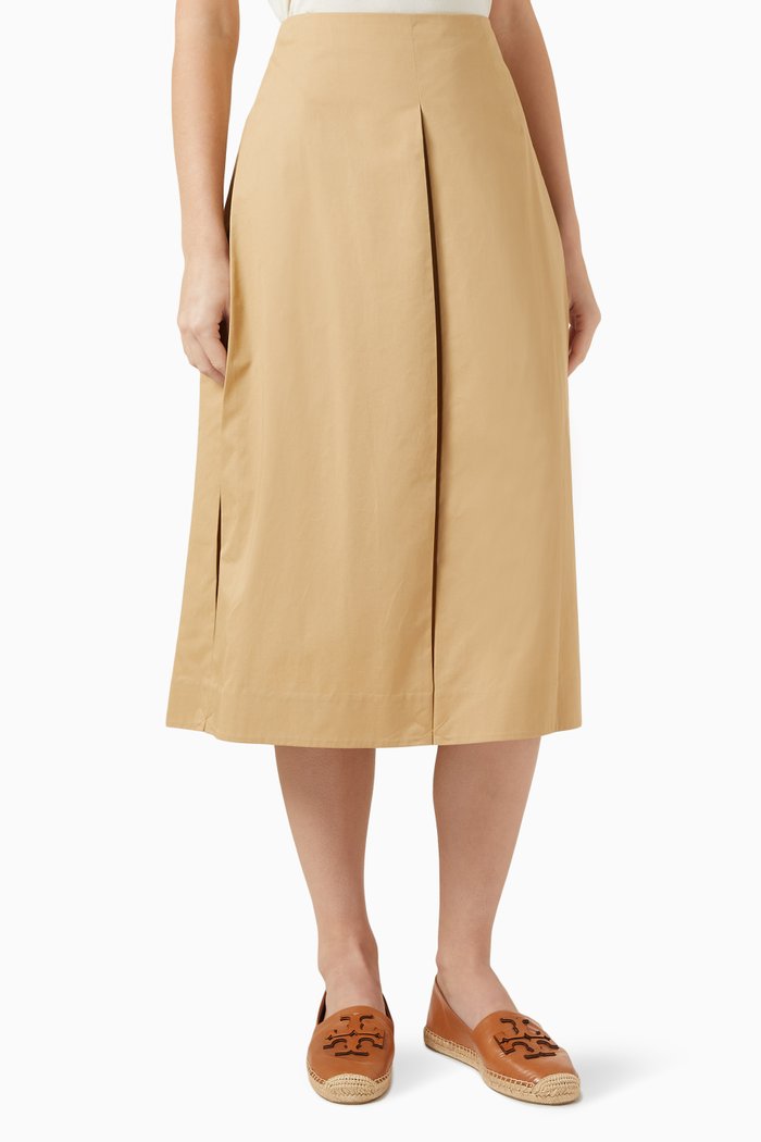 

Pleated Midi Skirt in Cotton Poplin, Brown
