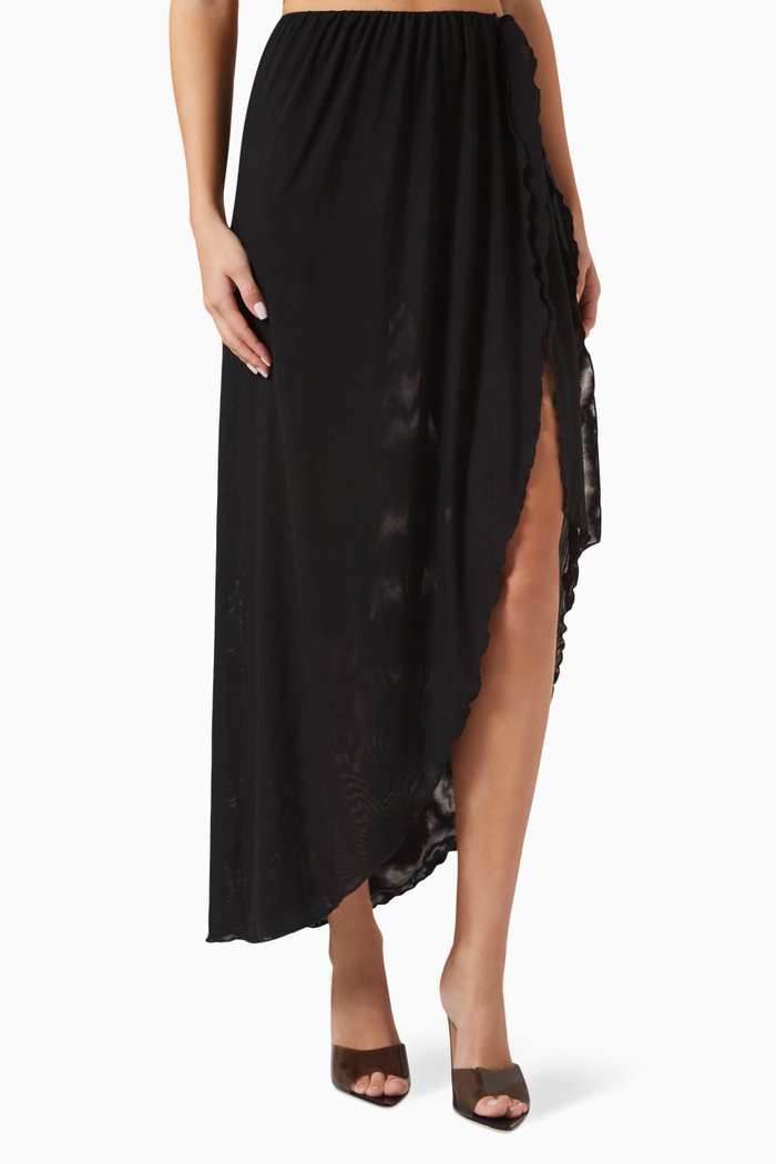 Side Tie Midi Skirt in Mesh, Black