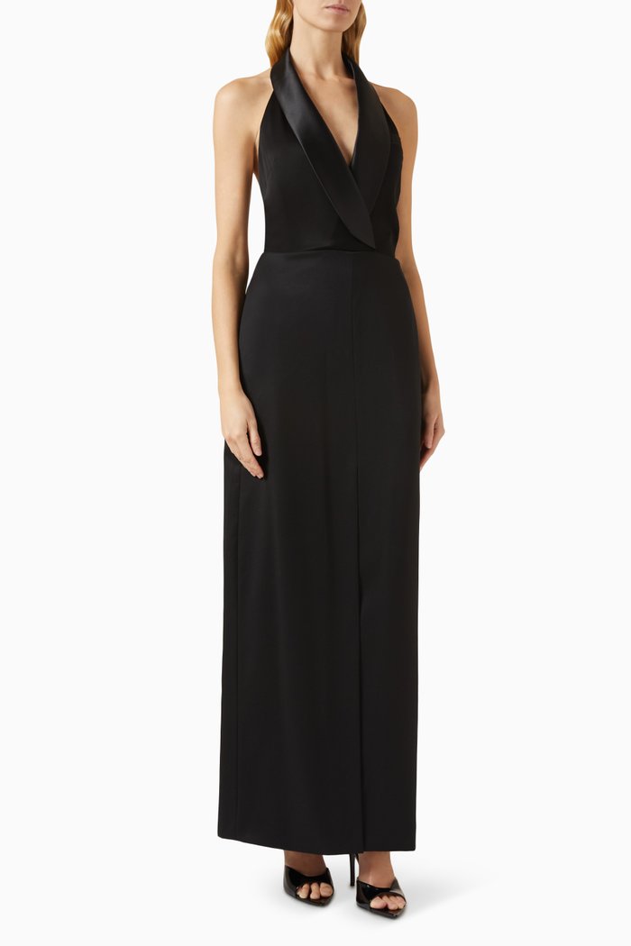 

Janice Tuxedo Halter Vest Gown in Wool Blend, Black