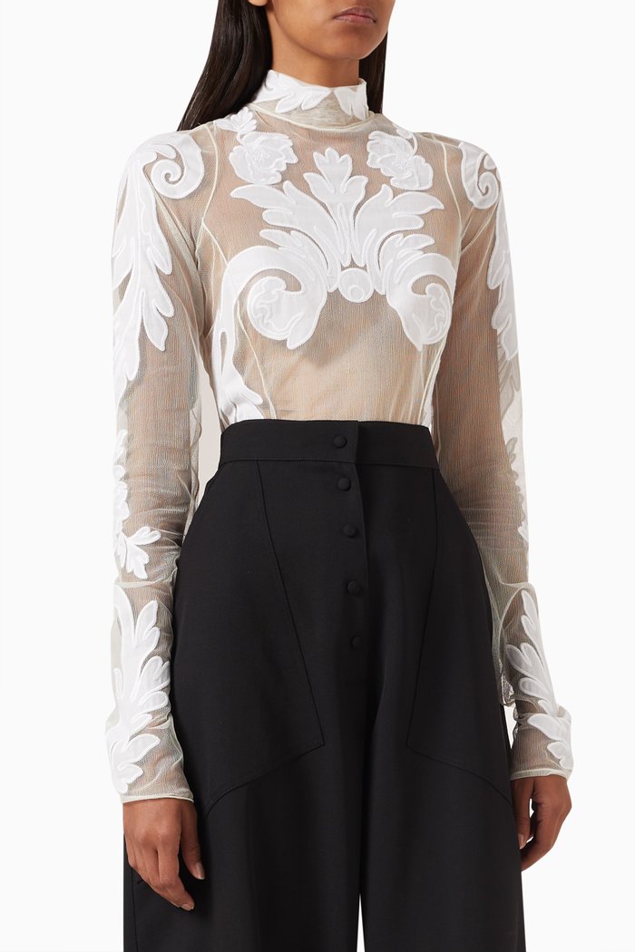 

High-neck Bodysuit in Mesh, White