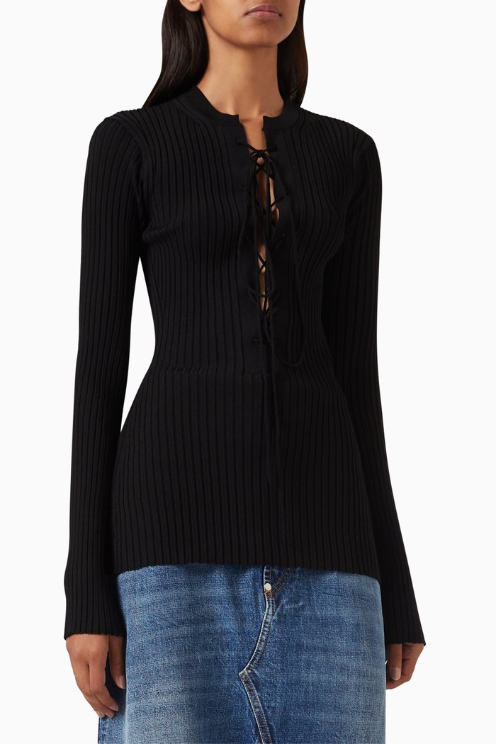 

Lace-up Ribbed Sweater in Viscose-knit, Black