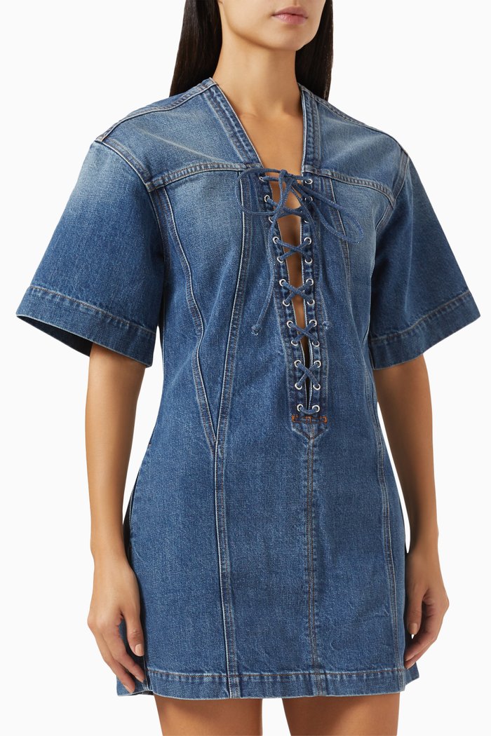 

Vintage Lace-up Mini Dress in Denim, Blue