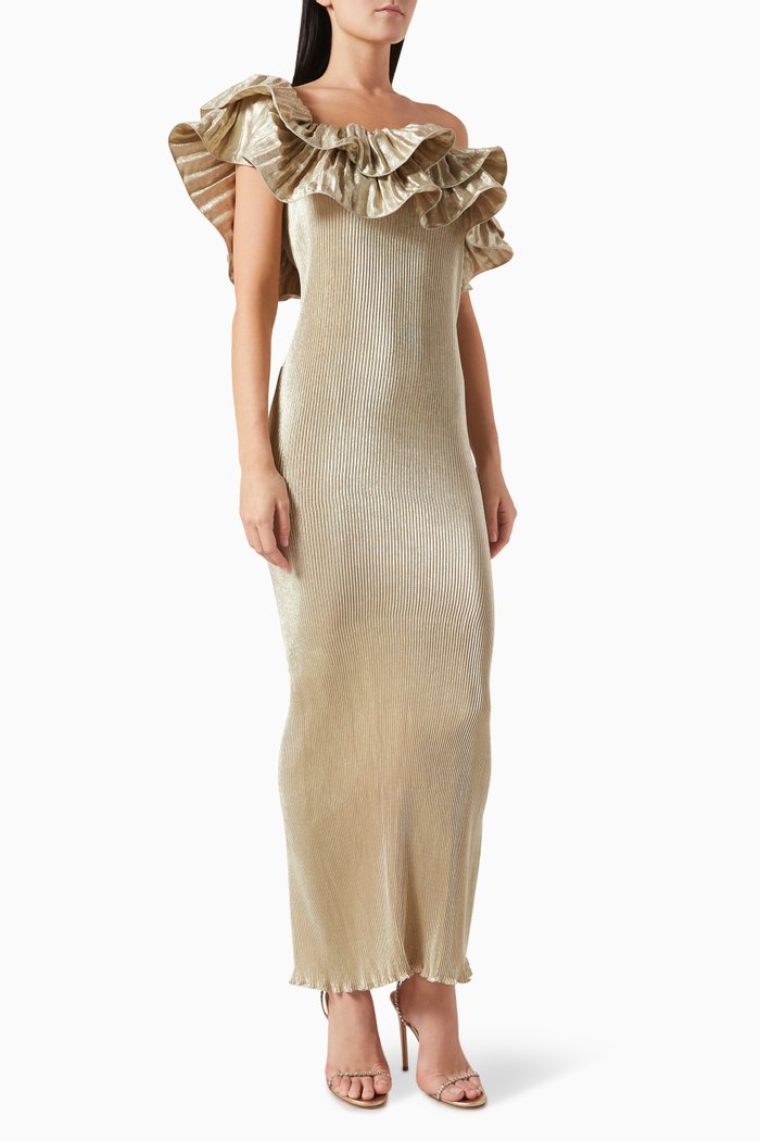 Premiere Pleated One-shoulder Gown, Gold