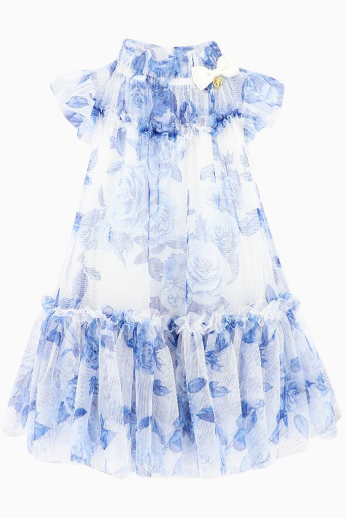 

Floral-print Flared Dress in Tulle, Blue