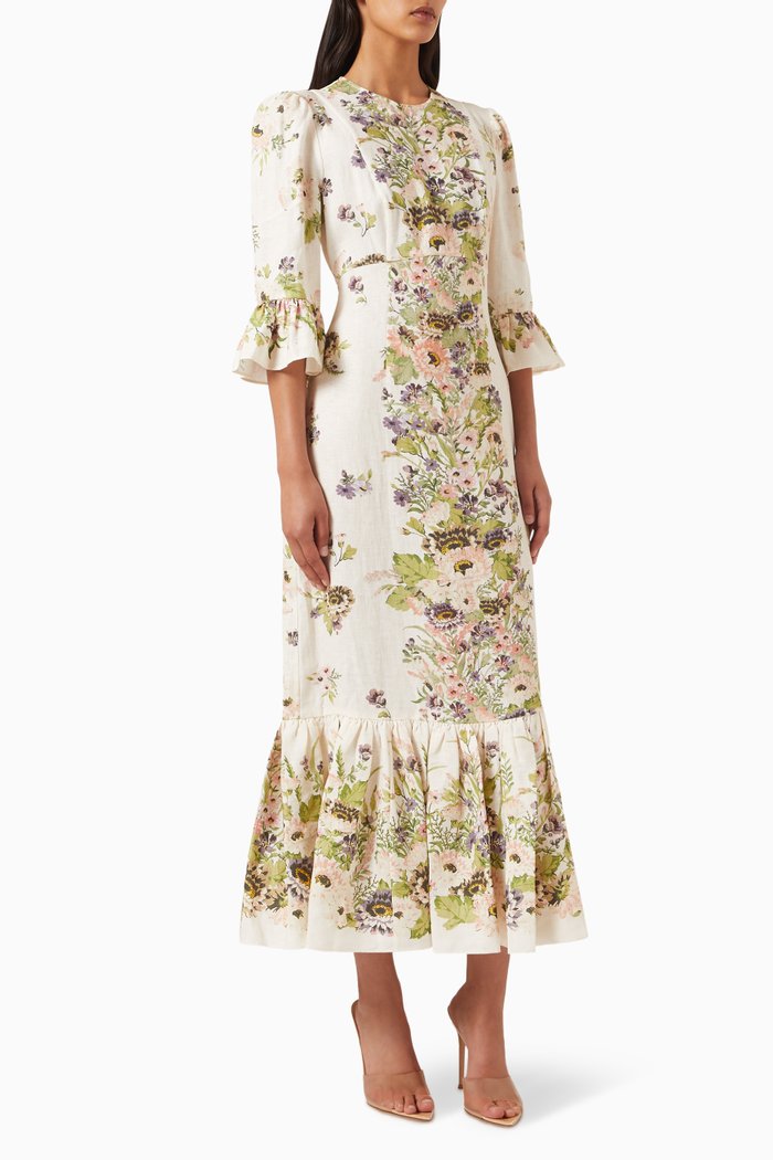 

Halliday Frilled Midi Dress in Linen, Neutral