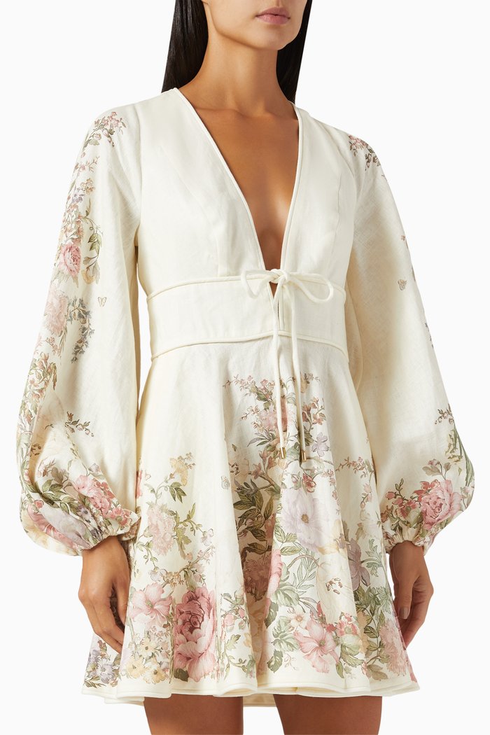 Waverly Plunge Mini Dress in Linen, Neutral
