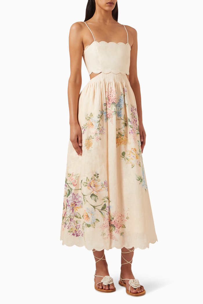 

Halliday Scallop Midi Dress in Linen, Neutral