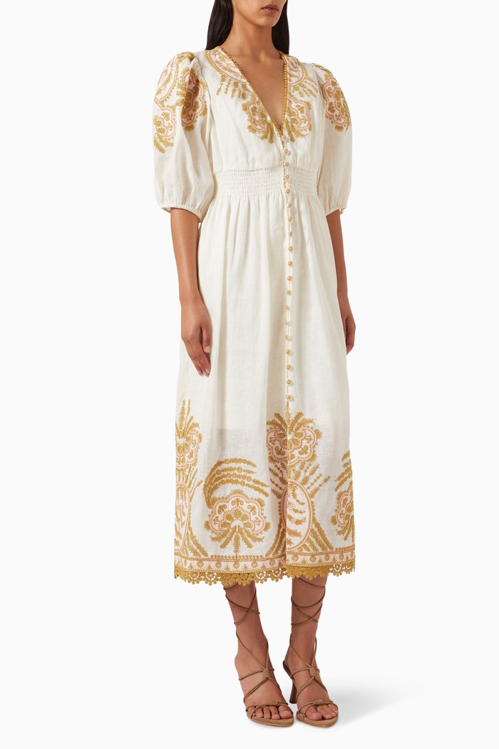 Waverly Embroidered Midi Dress in Linen, Neutral