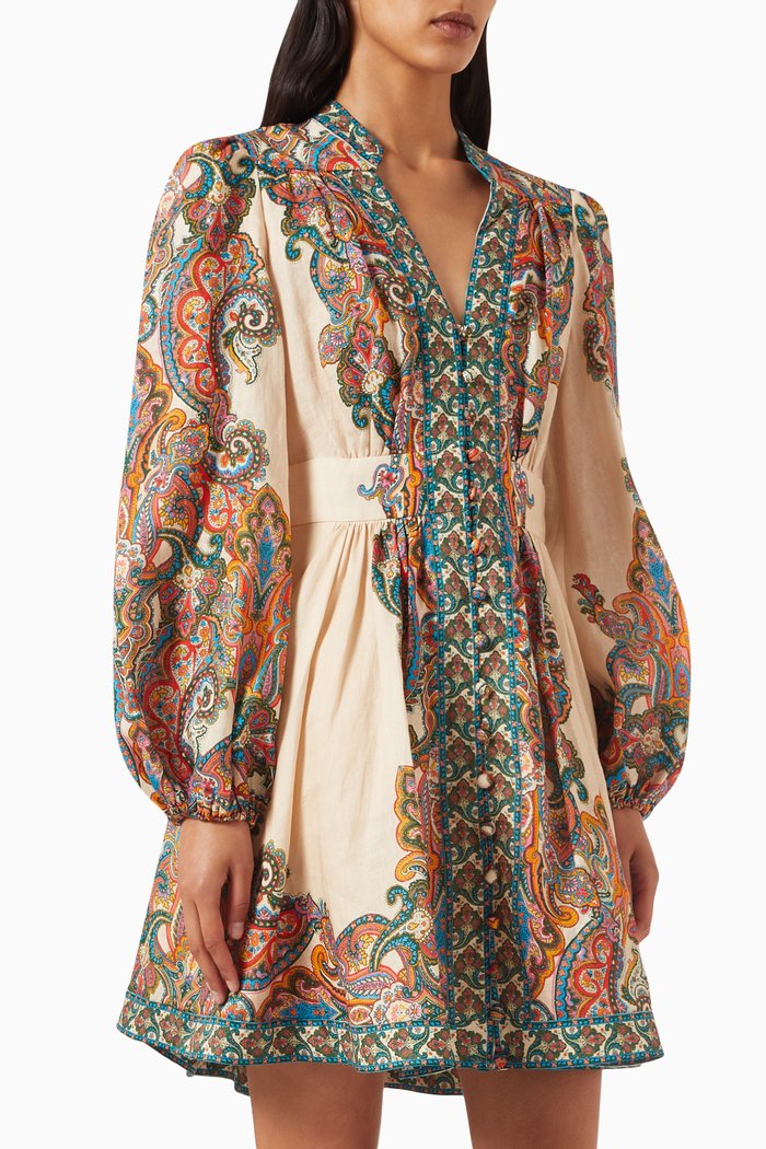 

Ottie Plunge Mini Dress in Linen, Multicolour