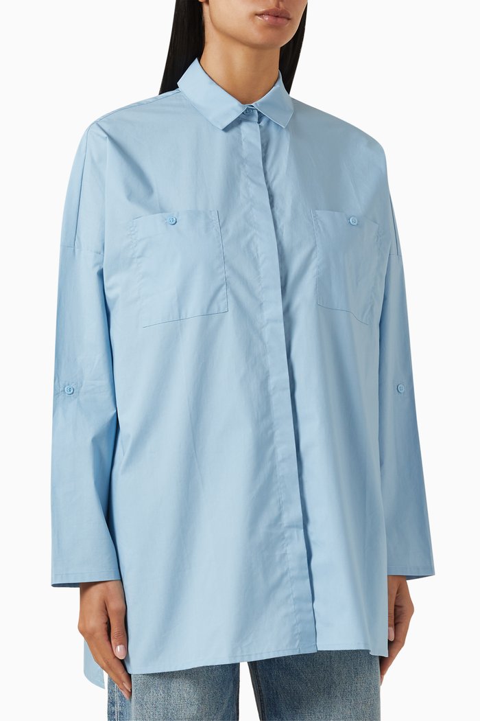 Patch-pocket Oversized Shirt in Cotton, Blue