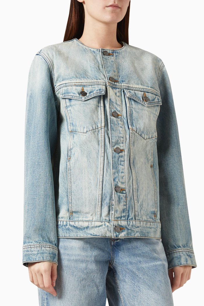 

Collarless Jacket in Denim, Blue