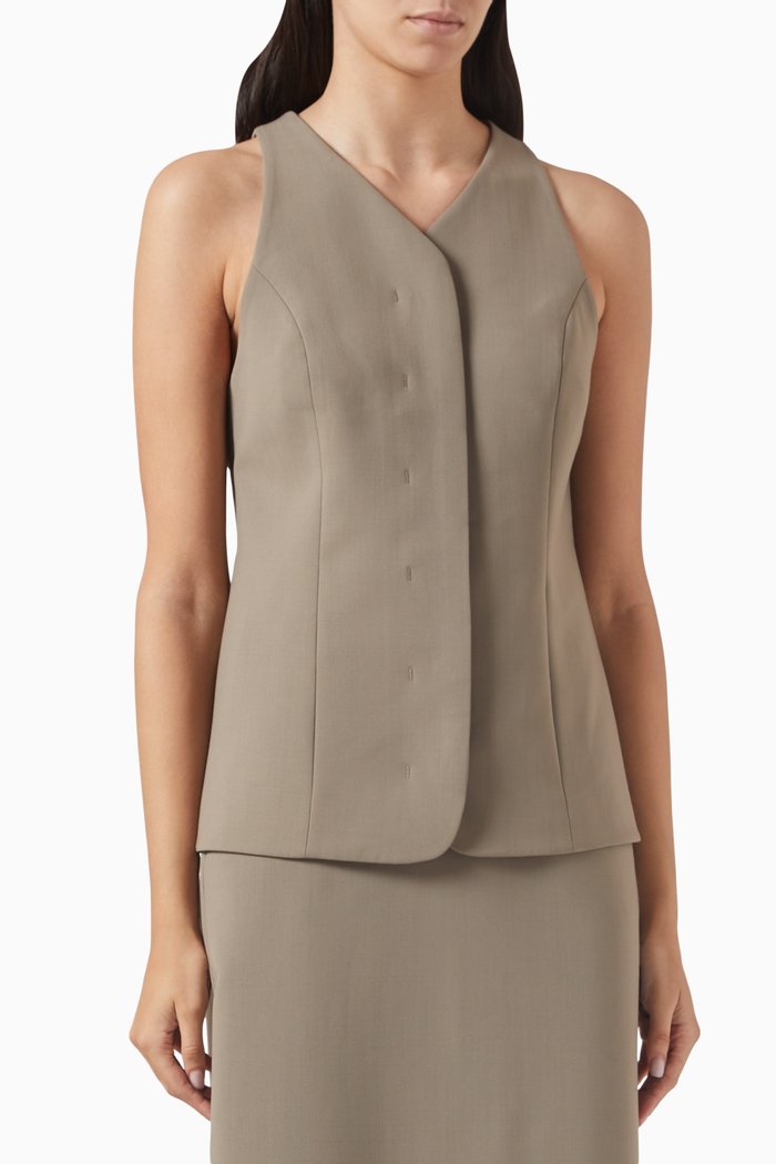 

Collarless Vest in Wool-blend, Neutral