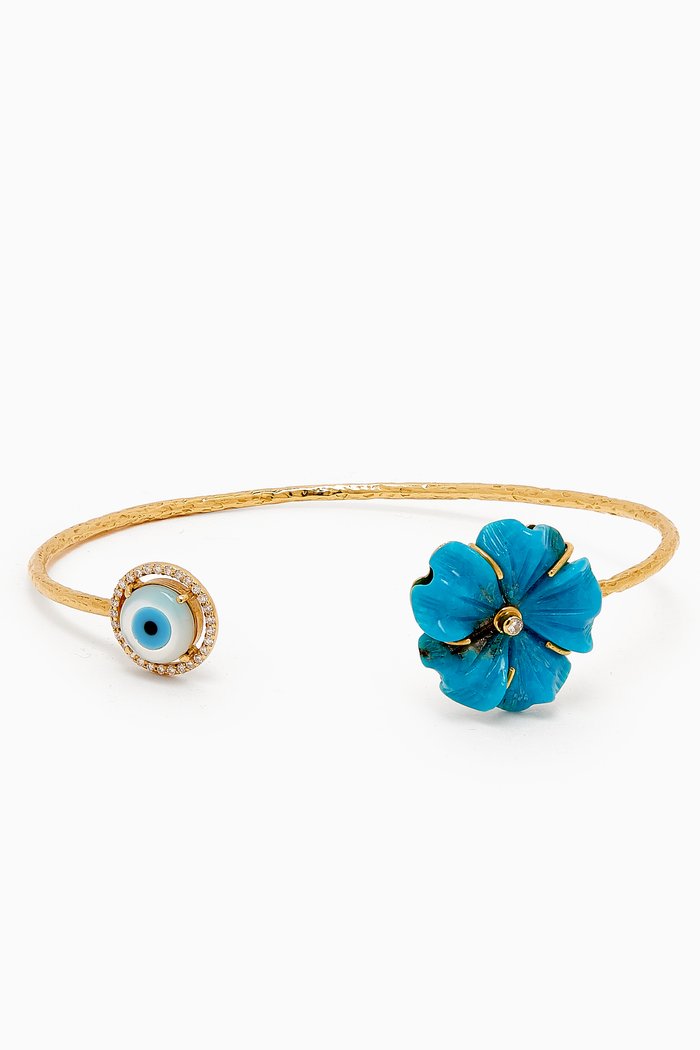 

Carved Flower Turquoise & Mother of Pearl Bangle in 18kt Gold