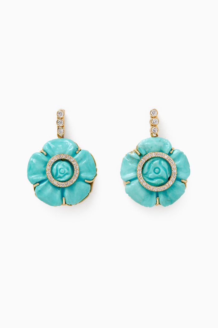 

Flower Carved Turquoise & Diamond Earrings in 18kt Gold